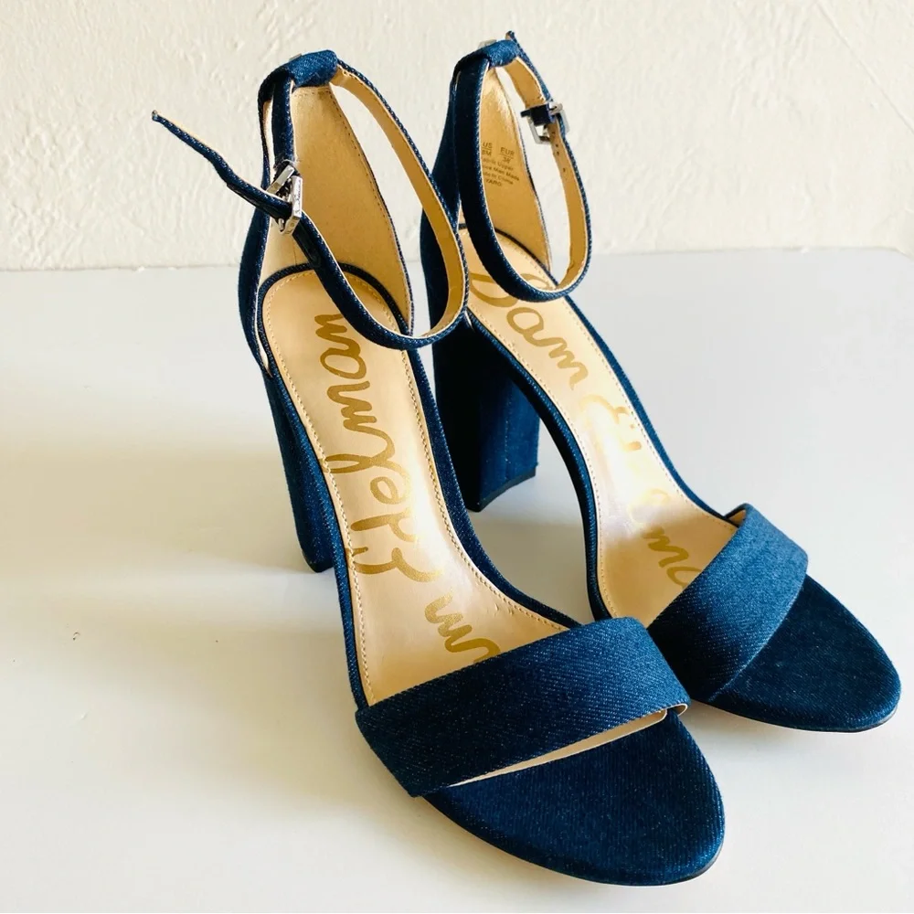 Sam Edelman Yaro Shoes 8 Navy Blue Denim Ankle Strap Block Heels Open Toes NWOT - Picture 15 of 16